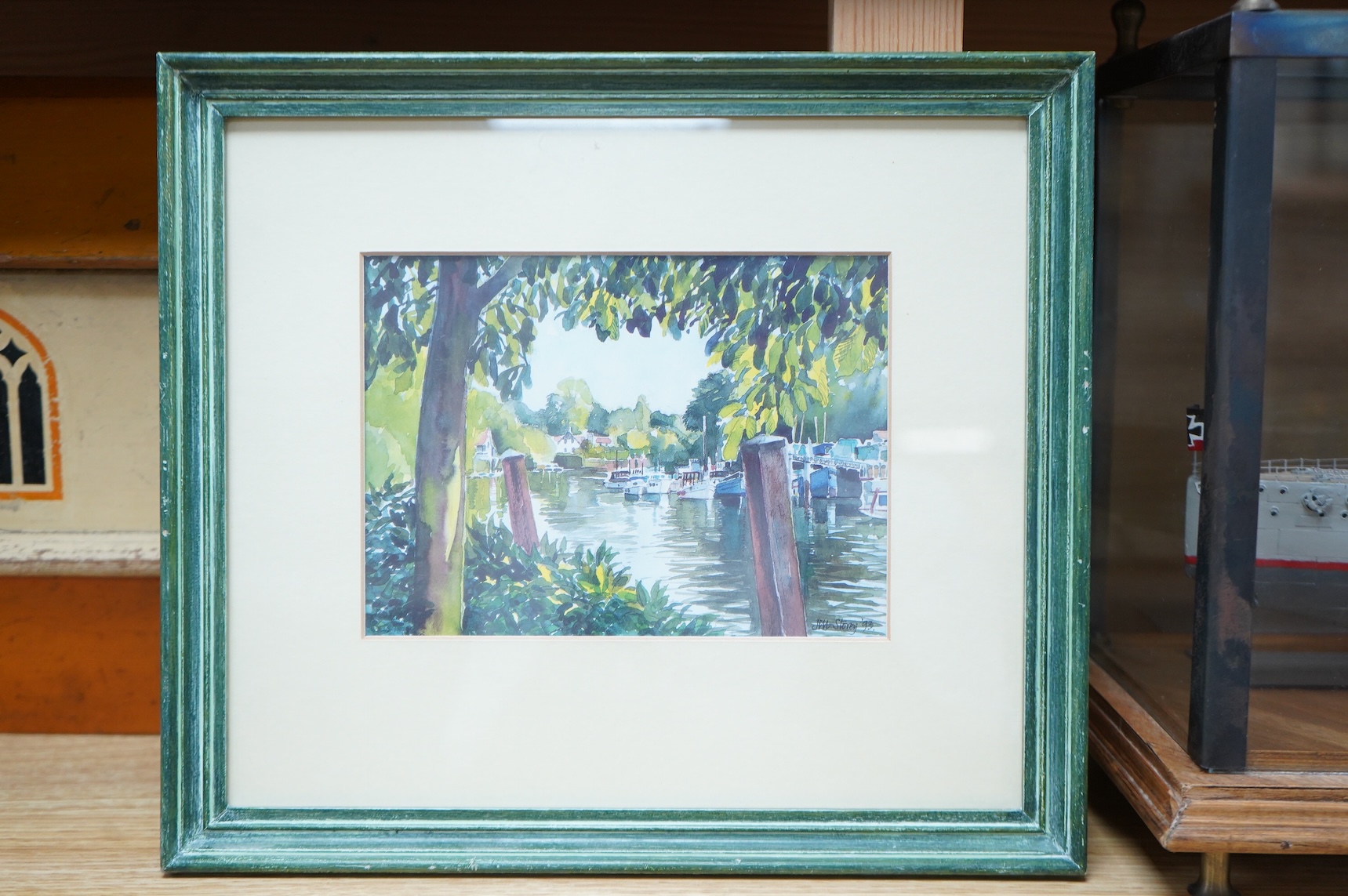 After Jill Storey (20th. C), Thames views, four colour prints, 13 x 18cm, housed in green painted frames